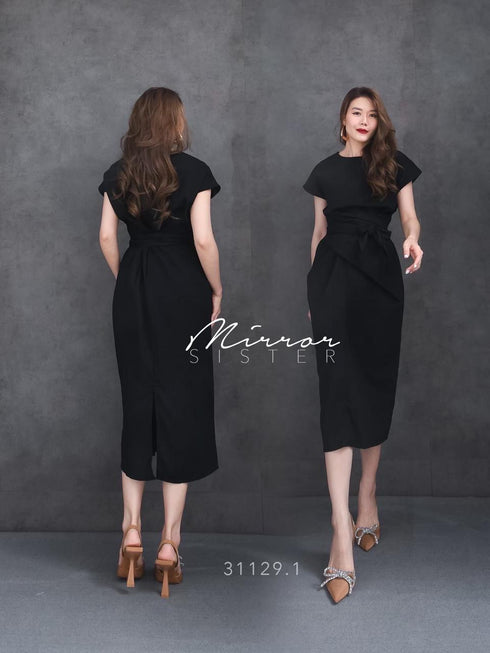 Women Classy Waist Tie Mid Length Back Slit Dresses